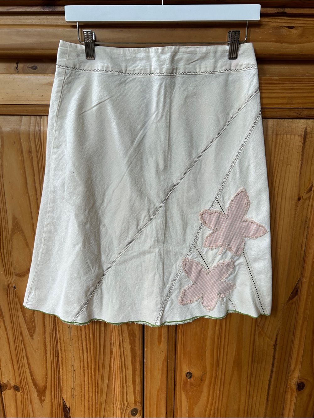 Anthropologie Tiny Cream Pink Floral Appliqué A-line Skirt Diagonal Stitch